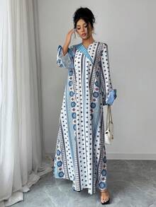 Women's Floral Geometric Print Bow Cuff Loose Arabic Style Dress - Multicolor - View 6