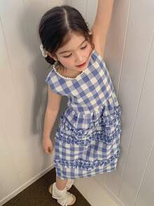 DAZY Young Girl Plaid Round Neck Layered Frill Trim Casual Sleeveless Dress - Blue - View 3