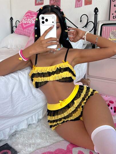 Eraneu 2pcs/Set Sexy Bee Print Camisole Top And Bow Tie Shorts Lingerie Set For Women