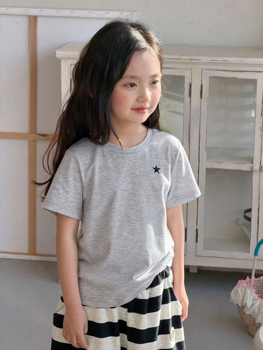 Dazy Kids 年轻女孩休闲日常通勤百搭星形印花短袖T恤，夏季 - 灰色 - 查看 1