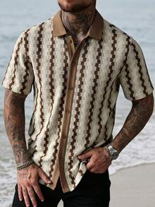 Ventusail 男士格子短袖单排扣休闲宽松衬衫 - 杏色 - 查看 1