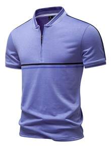 Manfinity Mode Men's Zipper Design Striped Short Sleeve Casual Commuter Polo Shirt - Dusty Blue - View 4