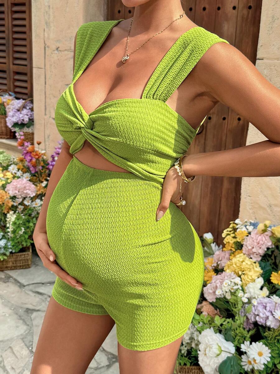 SHEIN Bộ áo liền quần gợi cảm màu trơn, kiểu xoắn rỗng dành cho bà bầu, thích hợp cho mùa hè. - màu xanh lá - Xem 1
