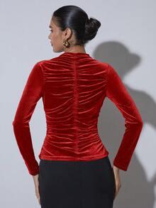 COSMINA Women's Solid Color Pleated Fitted Elegant Long Sleeve Blouse, Velvet Top,  Red Long Sleeve Top,  Dark Red Top,  Tops For Women Elegant - Red - View 2