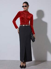 COSMINA Women's Solid Color Pleated Fitted Elegant Long Sleeve Blouse, Velvet Top,  Red Long Sleeve Top,  Dark Red Top,  Tops For Women Elegant - Red - View 3