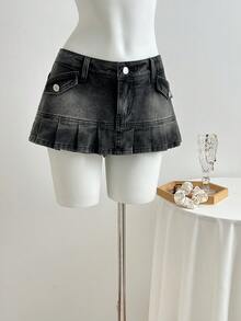 Elamini 女士休闲水洗褶裥牛仔短裤，夏季 - 黑色 - 查看 1