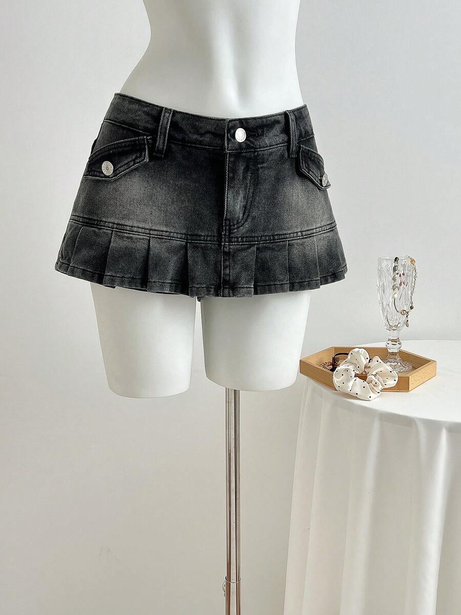 Elamini 女士休闲水洗褶裥牛仔短裤，夏季 - 黑色 - 查看 1