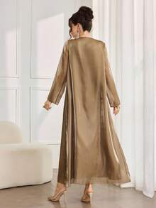Al Najma Women's Retro Elegant V-Neck Sequin Embroidered Silky Flowy Loose Everyday Abaya Dress - Brown - View 2