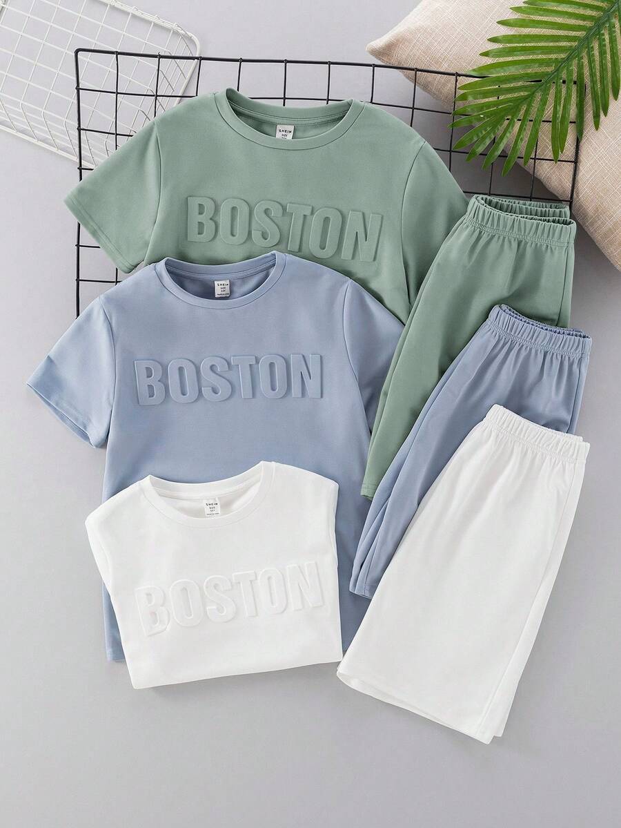 6pcs/Set Tween Boy Casual Embossed Pattern Round Neck T-Shirt And Shorts Set - Multicolor - View 1