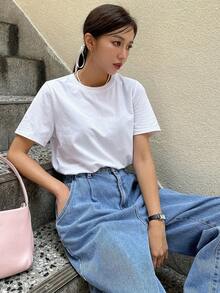 DAZY Solid Round Neck Tee - White - View 6