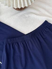 SHEIN 少女休闲日常家居服马匹标志蓝色衬衫上衣和短裤两件套 - 藍色 - 查看 5