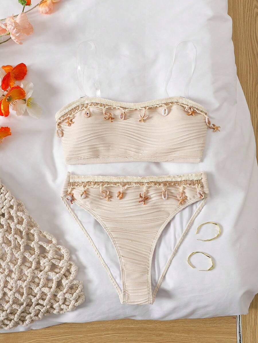 SHEIN Ensemble de bikini bandeau avec décoration de ruban en tissu spécial pour préadolescentes - Nude - Voir 1