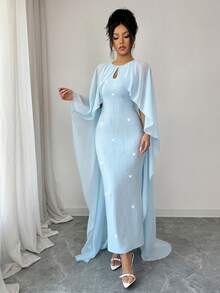 Elenzga Elegant Light Blue Capelet Dress, Dress For Women, Spring/Summer - Baby Blue - View 7