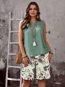 EMERY ROSE Plus Size Solid Color Round Neck Sleeveless Loose Casual 2 Pieces Set, Summer\Vacation Women's Summer Two-Piece Sets Summer Outfits Summer Clothes  Spring  Spring Outfit Women Spring Clothes Country Style For Women - Green - View 5