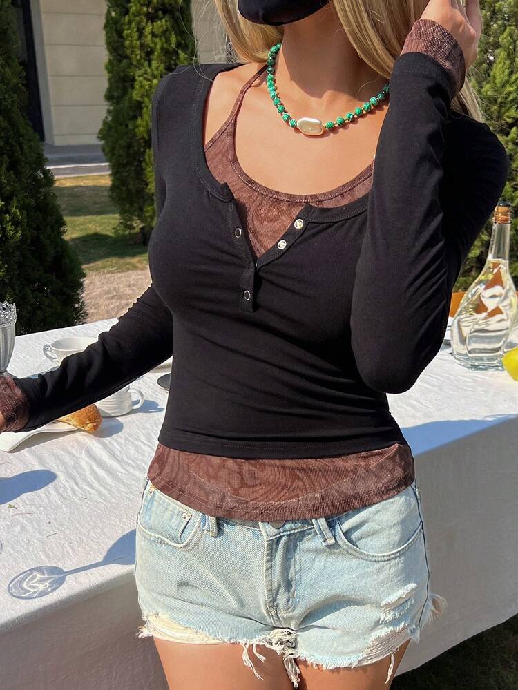 Women's Y2K Casual Stylish Street Chic Long Sleeve Fitted Mock Layer T-Shirt, Spring/Autumn