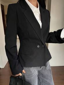 DAZY 女士纯色平领休闲百搭通勤办公薄款西装外套 - 黑色 - 查看 1