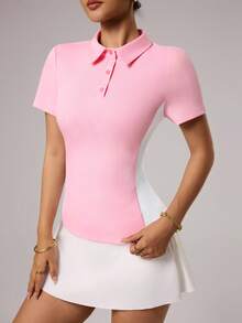 CourtClass Women's Solid Color Button Golf Polo Shirt, Fitted Short Sleeve, Summer - Pink - View 5