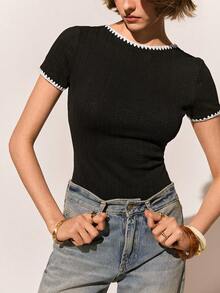 Poéselle 女士撞色滚边圆领修身连体衣 - 杏色 - 查看 4