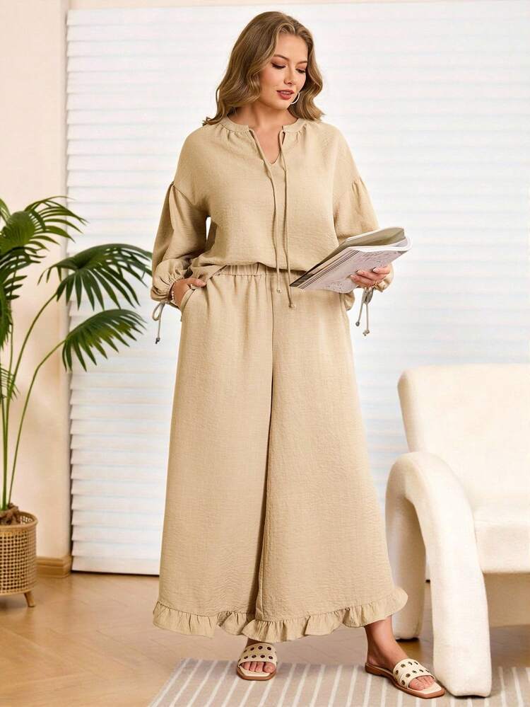 Plus Size Solid Color Twist Collar Top And Wide Leg Pants 2 Pieces Set, Autumn,Vacation/Summer/Spring