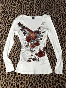 Attitoon Áo thun nữ tay dài dáng ôm vừa vặn phong cách vintage, cổ chữ V sâu, phù hợp với phong cách Y2K, Grunge, họa tiết trái tim, họa tiết hoa hồng. - trắng - Xem 6