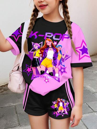 Young Girl Cartoon Letter Print Round Neck Short Sleeve T-Shirt And Shorts Casual Summer Set, Suitable For Daily Wear, Outdoor Picnic, , Street Style, Home, School