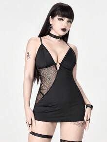 ROMWE Grunge Punk Punk Pu Spider Web Cami Dress & G-String Lingerie Set, Sexy - Black - View 5