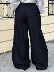 Dazy Plus Fashionable Retro Dark Denim Blue Waistband Tie Design Loose Harem Long Jeans, All Season