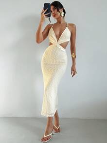 Firerie 女士白色提花串珠系带露背修身开衩连衣裙，性感度假连衣裙，春夏服装，沙滩装，通勤装，优雅，性感，度假，海滩，波西米亚风，夏威夷，音乐节，浪漫，约会装 - 杏色 - 查看 6