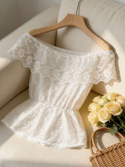 GlowEve Women's Lace Fabric Ruffle Off-Shoulder Elastic Waist Pleated A-Line Elegant Romantic Vacation Blouse, Summer