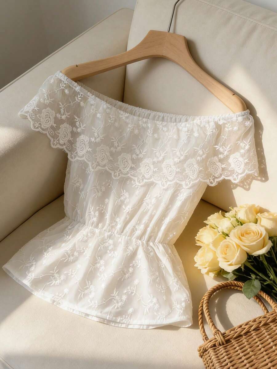 GlowEve Women's Lace Fabric Ruffle Off-Shoulder Elastic Waist Pleated A-Line Elegant Romantic Vacation Blouse, Summer - White - View 1