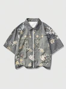 ROMWE MEN Street Life Áo khoác denim nam tay ngắn in hoa, khóa kéo phía trước, kiểu dáng thường ngày. - Màu xanh lam - Xem 3