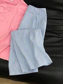 Franclia Pantalones casuales azules de mujer de verano, de cintura alta, con pliegues, a cuadros, con recortes y sueltos, de estilo francés y versátiles - Azul - Ver 1