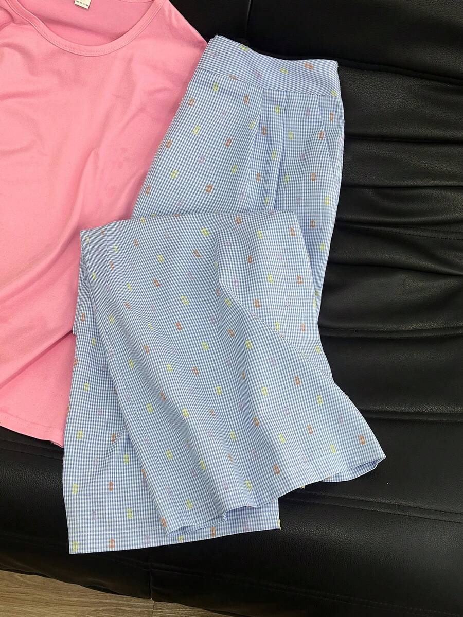 Franclia Pantalones casuales azules de mujer de verano, de cintura alta, con pliegues, a cuadros, con recortes y sueltos, de estilo francés y versátiles - Azul - Ver 1
