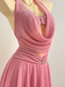 Elamini 女士性感镂空V领水钻搭扣系带短裙，闪亮粉色，度假风，春夏款 - 粉色 - 查看 4