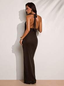 SHEIN BAE 女士性感深V露背吊带连衣裙，夏季款，这款棕色亮片二合一连衣裙非常适合浪漫约会、派对、正式聚会、生日礼服、海滩度假、海滩派对和日常出行。（夏季、春季、派对、海滩、度假、夏季度假装、假日）、夏季连衣裙 - 棕色 - 查看 2