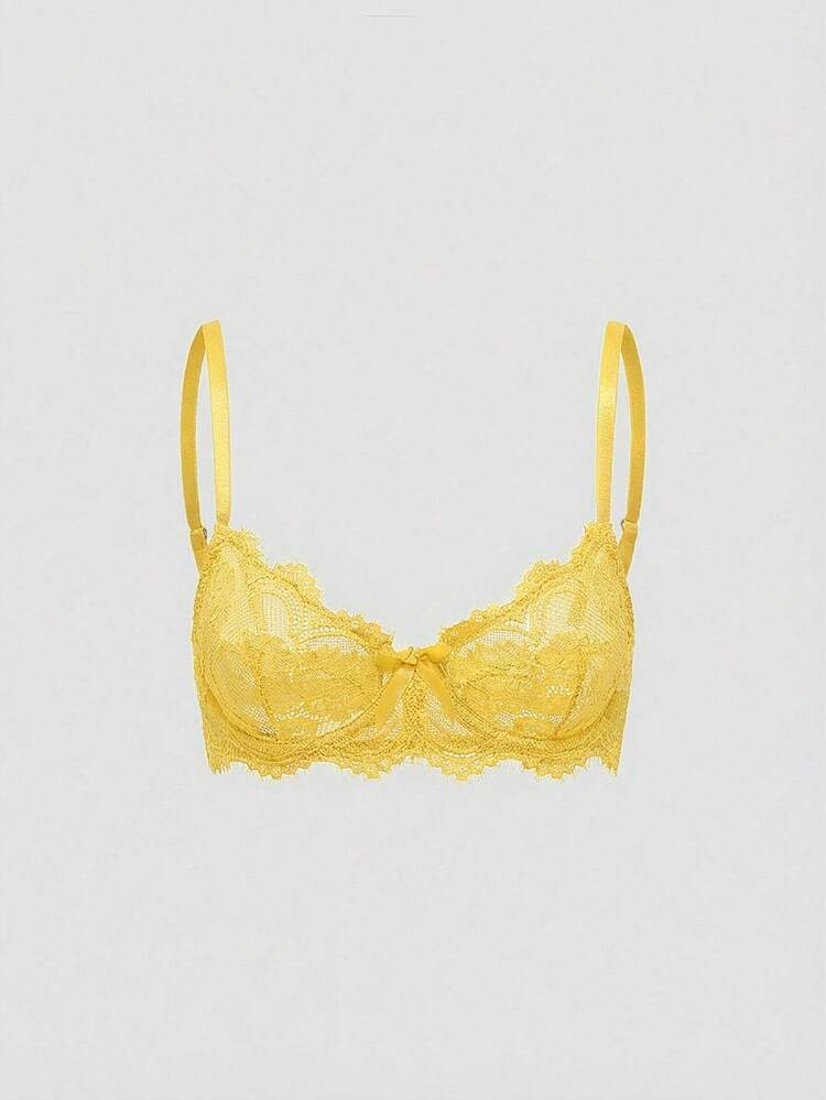 ROMWE Goth Floral Lace Underwire Triangle Cup Bra - Yellow - View 1