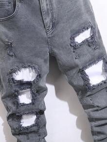 Manfinity Roughcore Men's Casual Fashion Street Daily Commute Distressed Patch Skinny Jeans - Blue - View 5