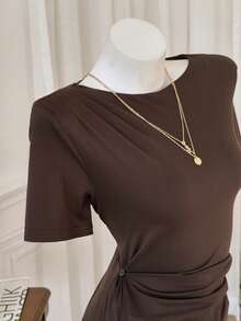 Modelyn Asymmetrical Ruched Waist Short Sleeve T-Shirt, Summer - Coffee Brown - View 5