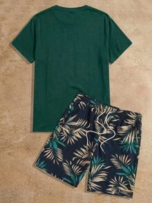 HIMLAND Conjunto casual de playa de vacaciones para hombres con camiseta de manga corta con estampado de palmeras tropicales y pantalones cortos con cordón en la cintura, conjunto de pantalones cortos de verano para vacaciones de hombres, conjunto de ropa de playa para hombres, conjunto de 2 piezas tropical para hombres, conjunto de pantalones cortos para hombre de Hawái - Verde - Ver 2