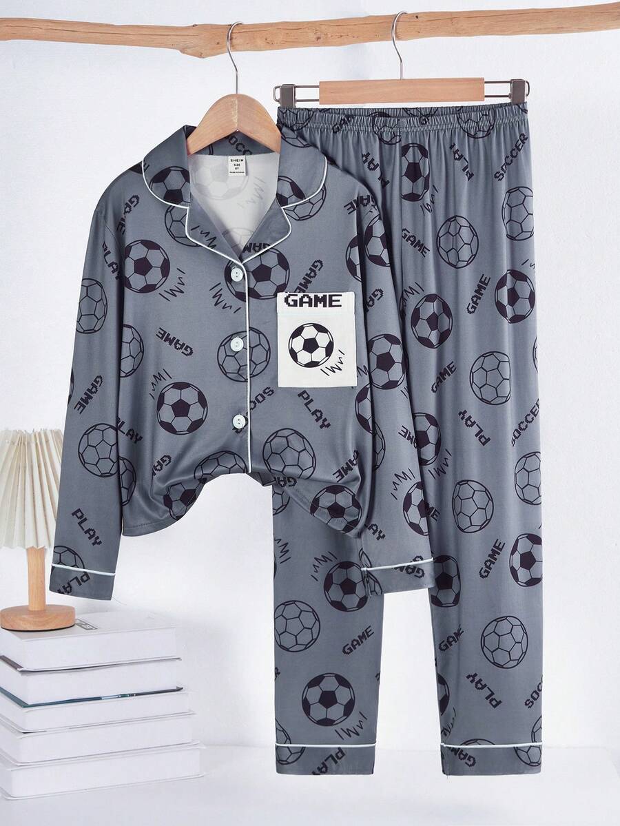 Boys' Panda Print Button-Front Long Sleeve Top And Pants Comfortable Pajama Set - Grey - View 1
