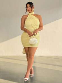 Firerie 大码女士优雅简约性感浪漫假日派对情人节约会生日派对度假垂褶皱紧身迷你连衣裙 - 淡黃色 - 查看 4