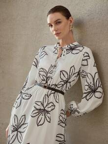 MOTF PREMIUM BLACK & WHITE FLORAL PRINT CINCHED WAIST MIDI DRESS - Black and White - View 5