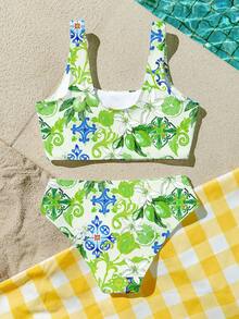 SHEIN 少女休闲简约水果印花吊带泳衣套装，适合夏季穿着 - 彩色 - 查看 2