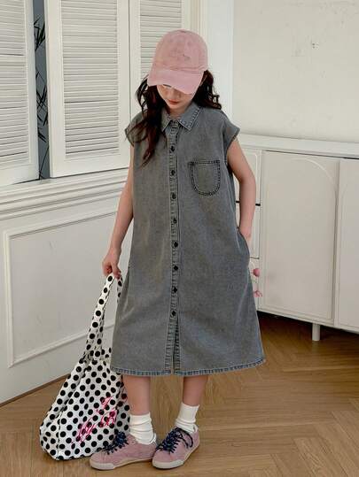 DAZY Girls' Denim Dress With Collar And Pockets, Fall Outfit