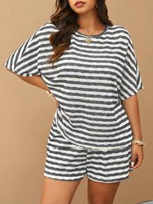 Elaquor Plus Size Casual Minimalist Knit Striped Loose Women 2-Piece Set, Women T-Shirt + Shorts, Suitable For Spring/Summer, Travel, Vacation, And Leisure Wear - Black and White - View 5