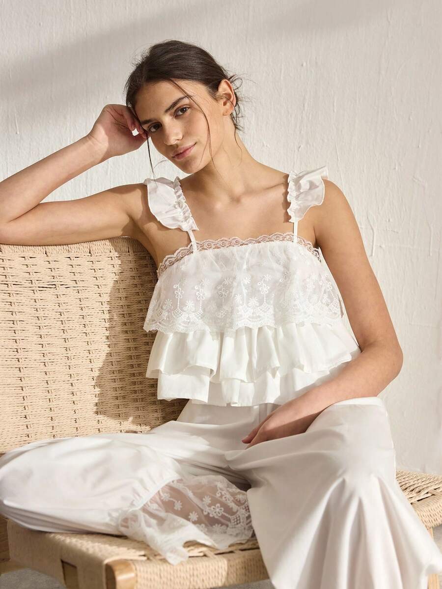 Ocili Comfortable Cotton Soft Jacquard Embroidered Lace Camisole Pants Women Pajama Set