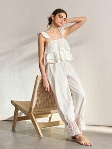 Ocili Comfortable Cotton Soft Jacquard Embroidered Lace Camisole Pants Women Pajama Set