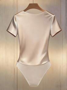 Franclia Women's Elegant Faux Pearl Decor V-Neck Short Sleeve Ruched Bodysuit,White Gold Summer Brunch Classy Luxury Dressy Top Clothes - Apricot - View 2