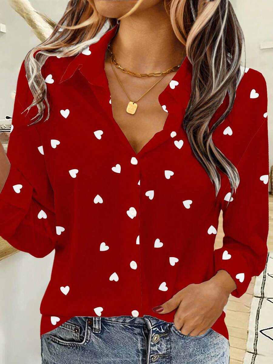 EMERY ROSE Women's Casual All-Match Long Sleeve Shirt With Allover Heart Print On Red Background, Versatile Style Suitable For Spring/Summer - Multicolor - View 1