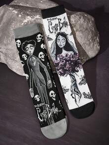 Corpse Bride X SHEIN 2双装柔软透气吸湿休闲中筒袜，时尚黑白船袜，加固袜头和袜跟，经久耐穿，男女通用，情侣四季皆宜，夏季冬季百搭，图案袜子 - 彩色 - 查看 5